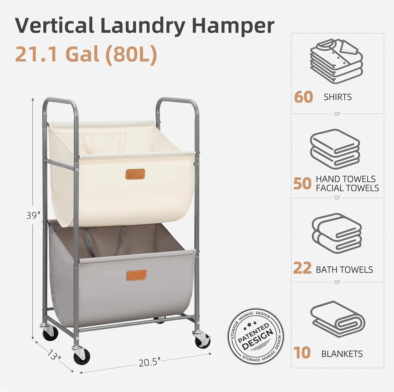 2 Tier Vertical Rolling Laundry Hamper 80L Removable Bags Space Saving Cart