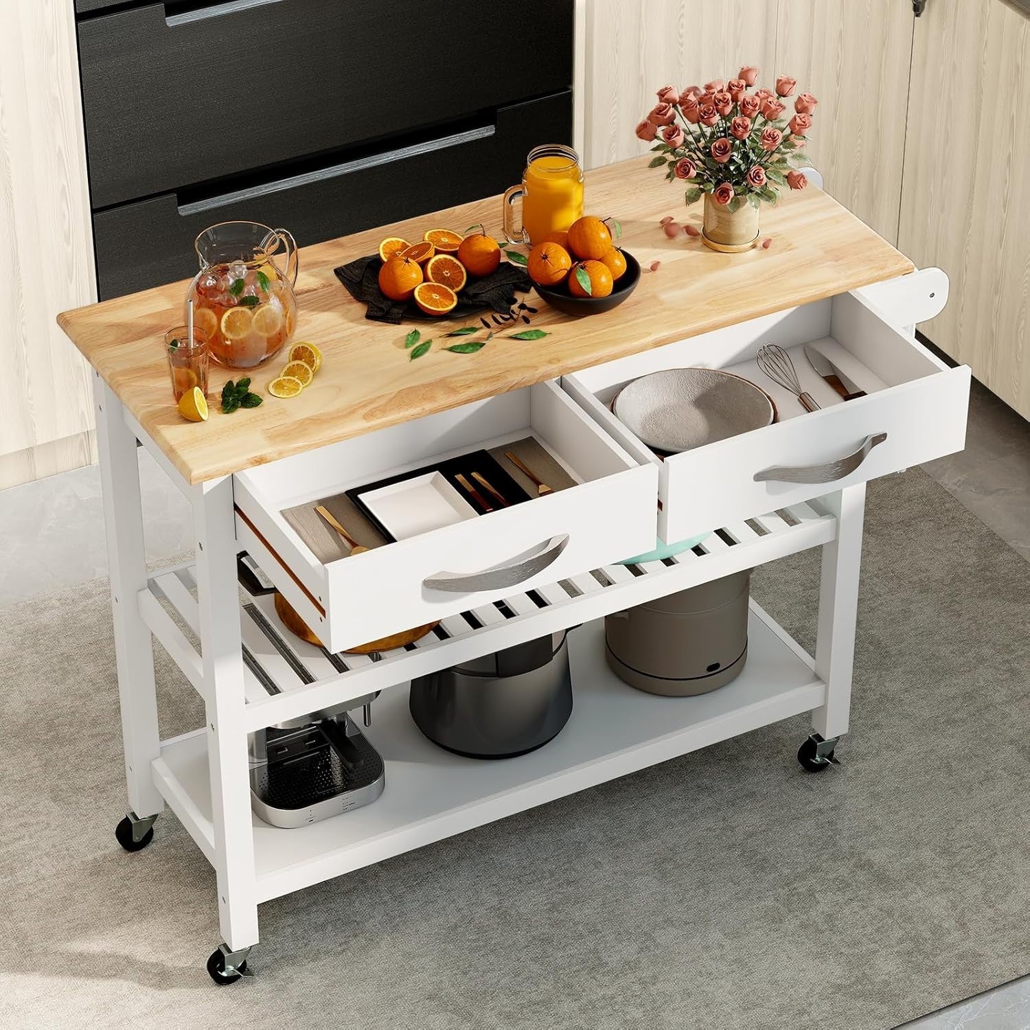 116cm Kitchen Island Cart Rubber Wood Top