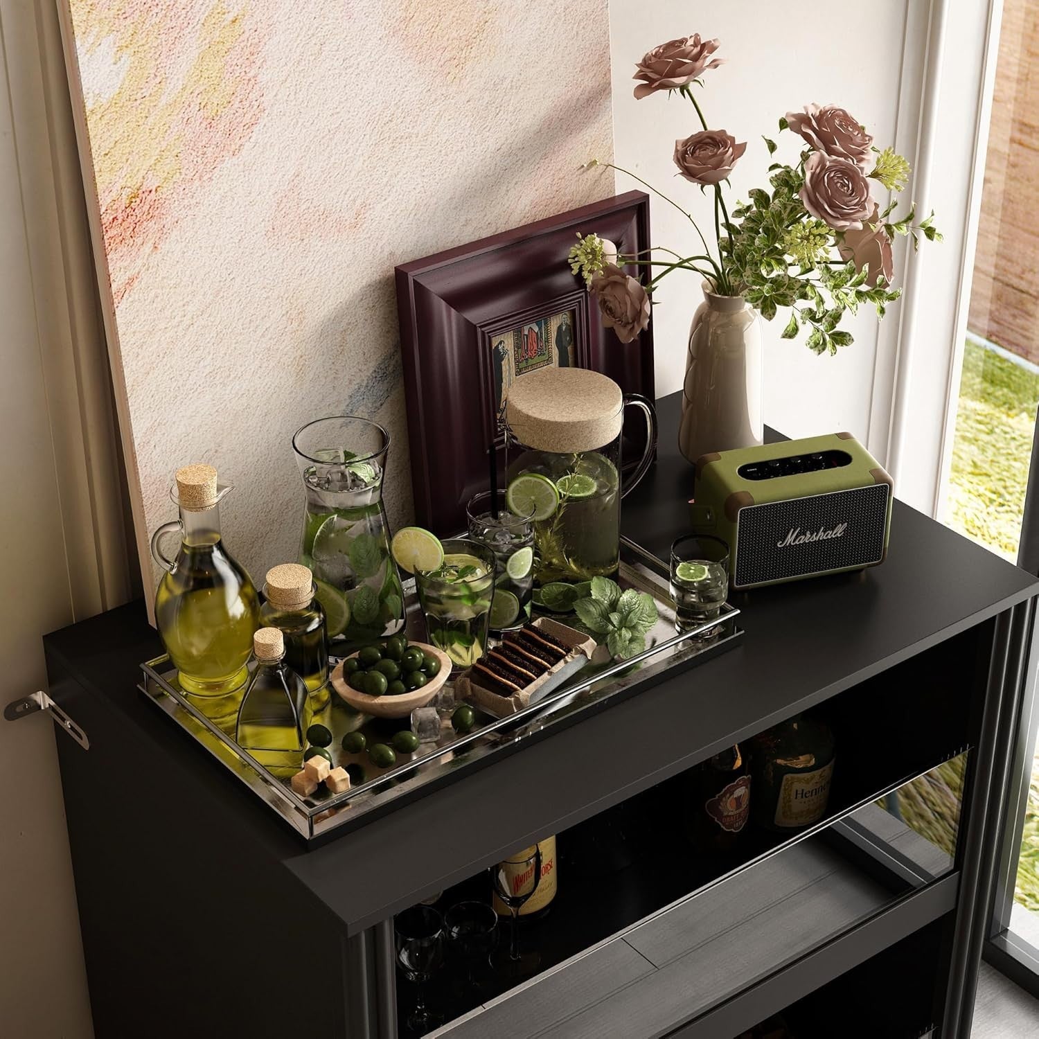 Black Wine Bar Cabinet with Glass Doors & Drawers, Modern Drinks Storage Unit