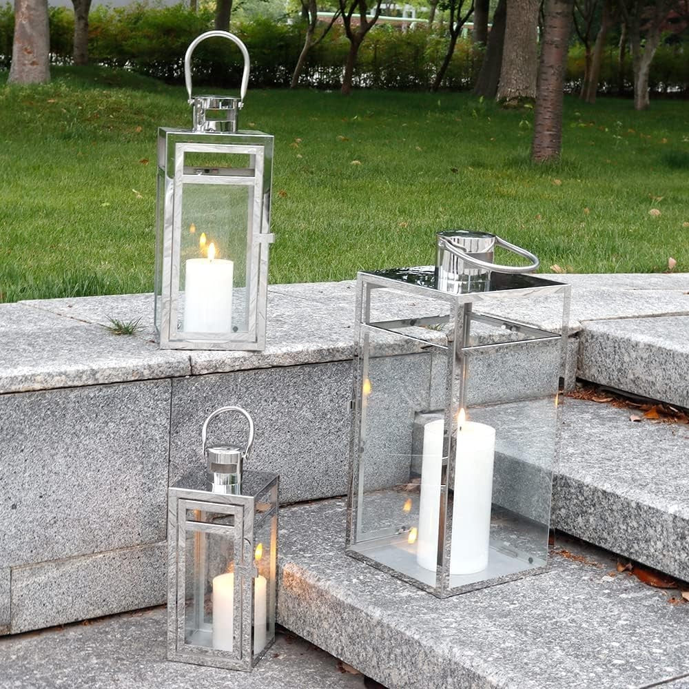 3 Pack Silver Stainless Steel Candle Lanterns Indoor Outdoor Decor