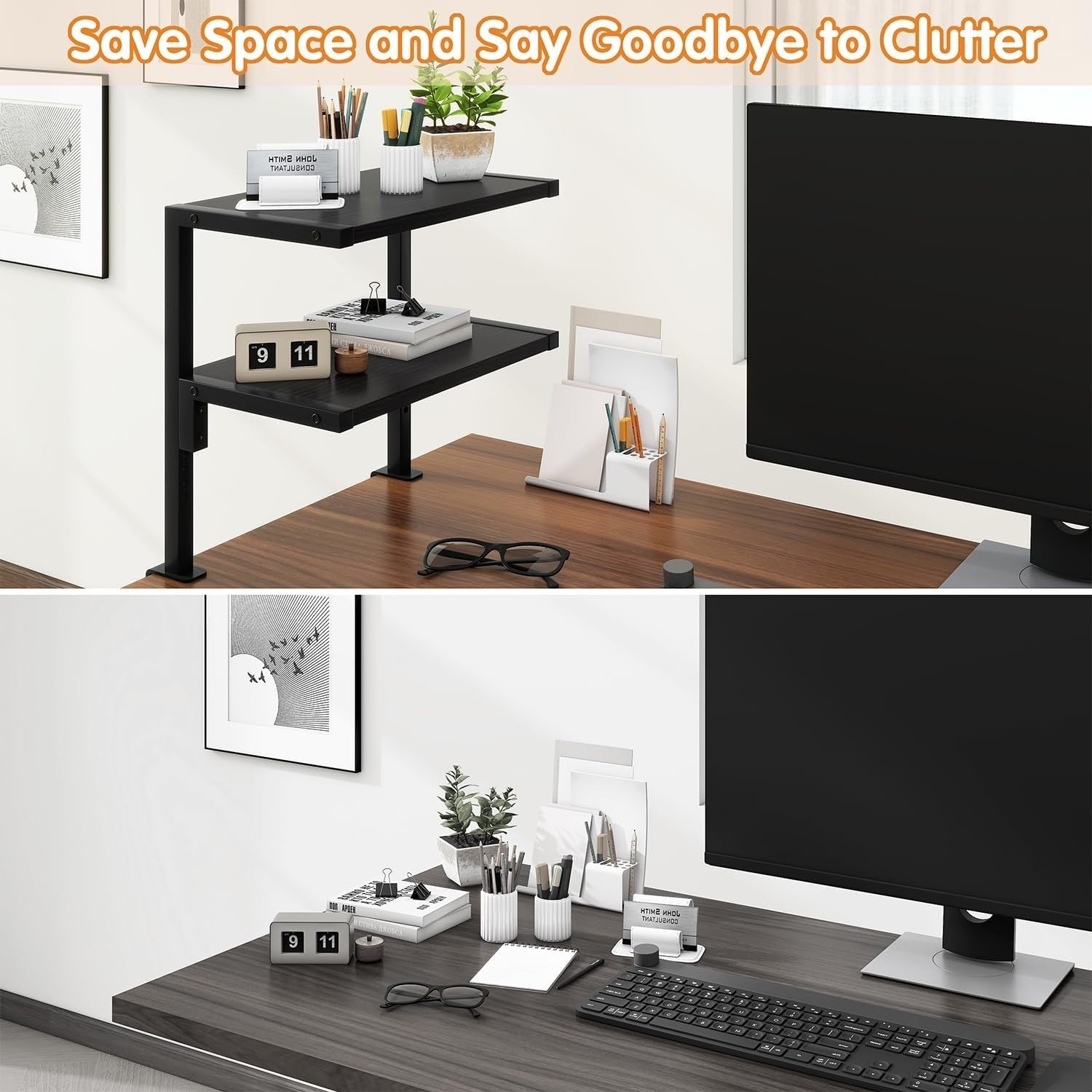Clamp-On 2-Tier Adjustable Desk Shelf, 12.9" Storage Rack for Office