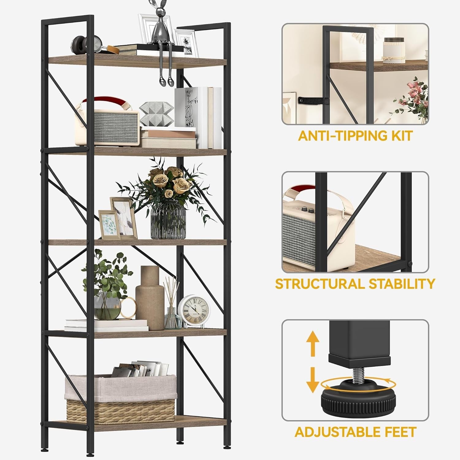 Tall Industrial 5-Tier Bookshelf Metal Frame Wood Shelving Storage Unit