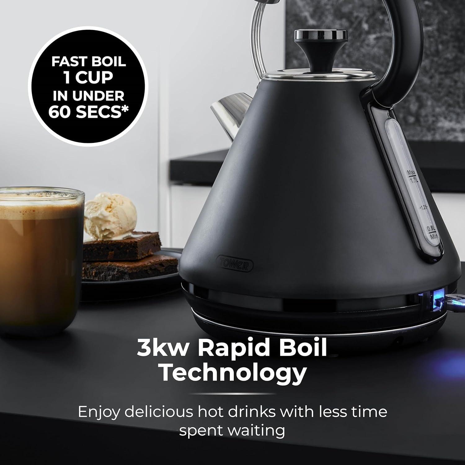 3000W Black Pyramid Kettle 1.7L Rapid Boil Cordless Retro Matte Finish