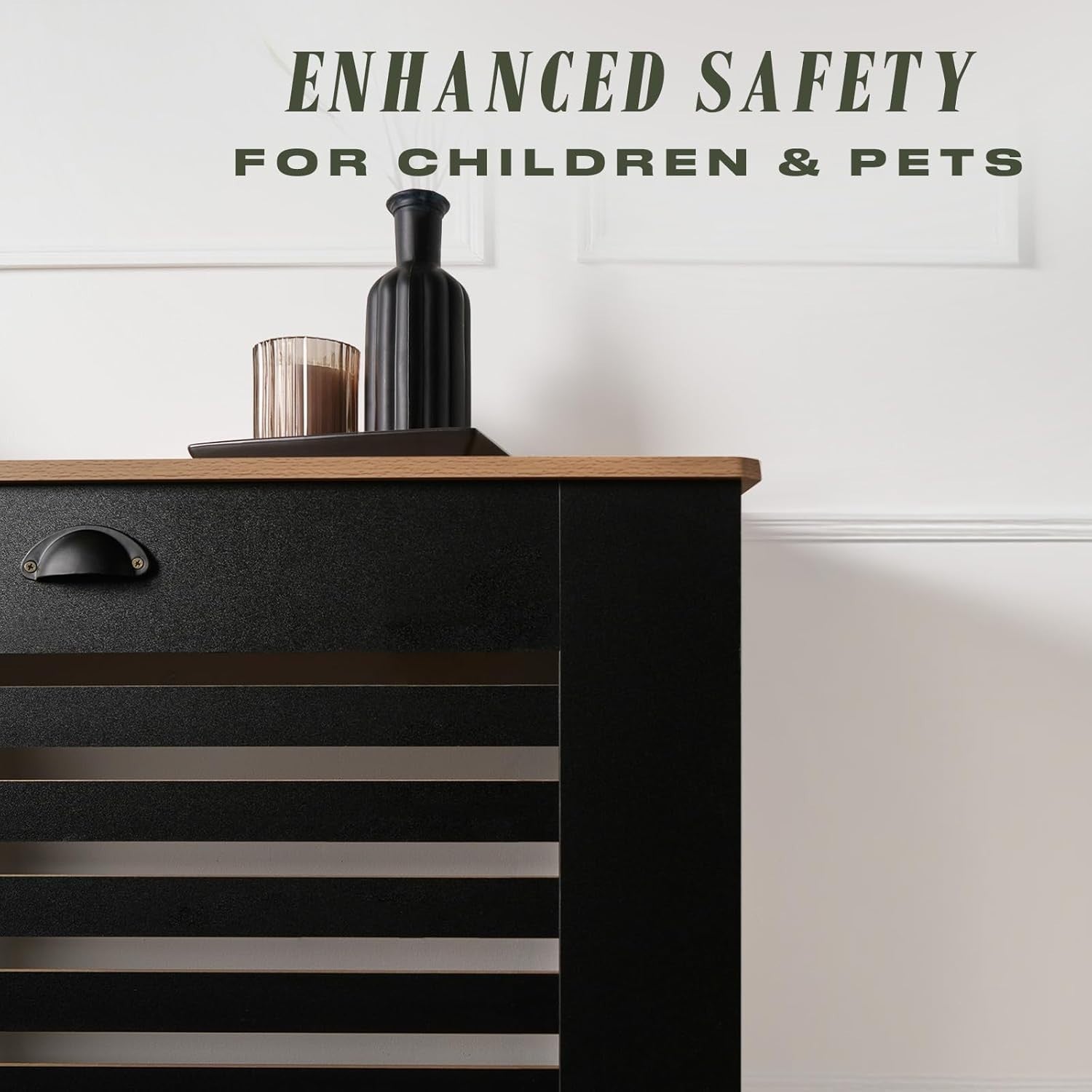 Modern Black Radiator Cover Shelf | Natural Oak Top Heating Cabinet