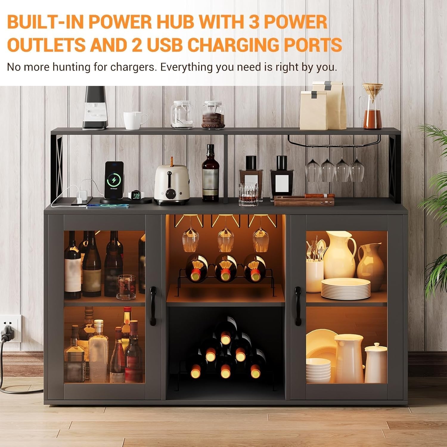 LED Bar Cabinet with USB Ports, Wine & Glass Storage, 3-Tier Buffet Sideboard