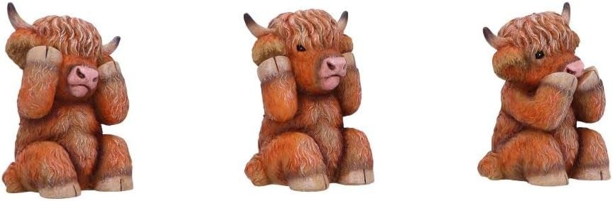 Three Wise Highland Cow Figurines Resin Ornament Set Brown 9.6cm Cute Gift Decor