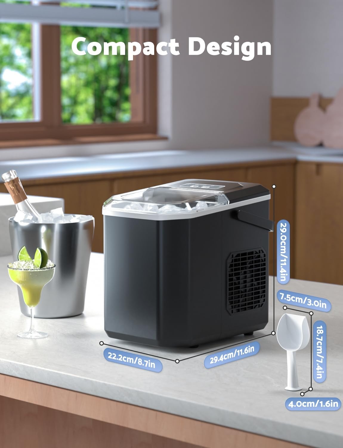 Compact Countertop Ice Maker 12Kg/24h, 9 Cubes Ready in 6 Mins, Portable