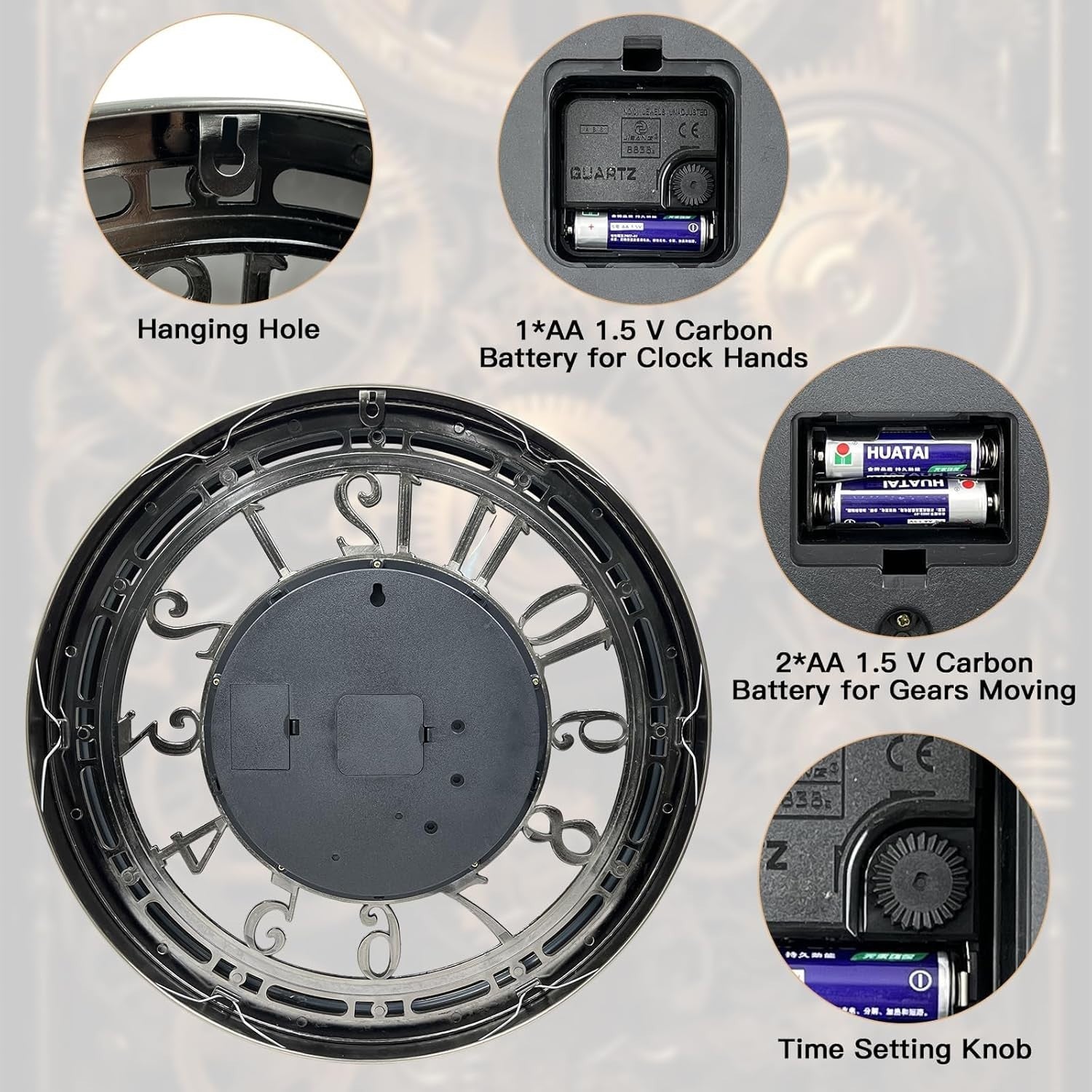 Gunmetal Moving Gear Wall Clock 21” Industrial Steampunk Metal Decor