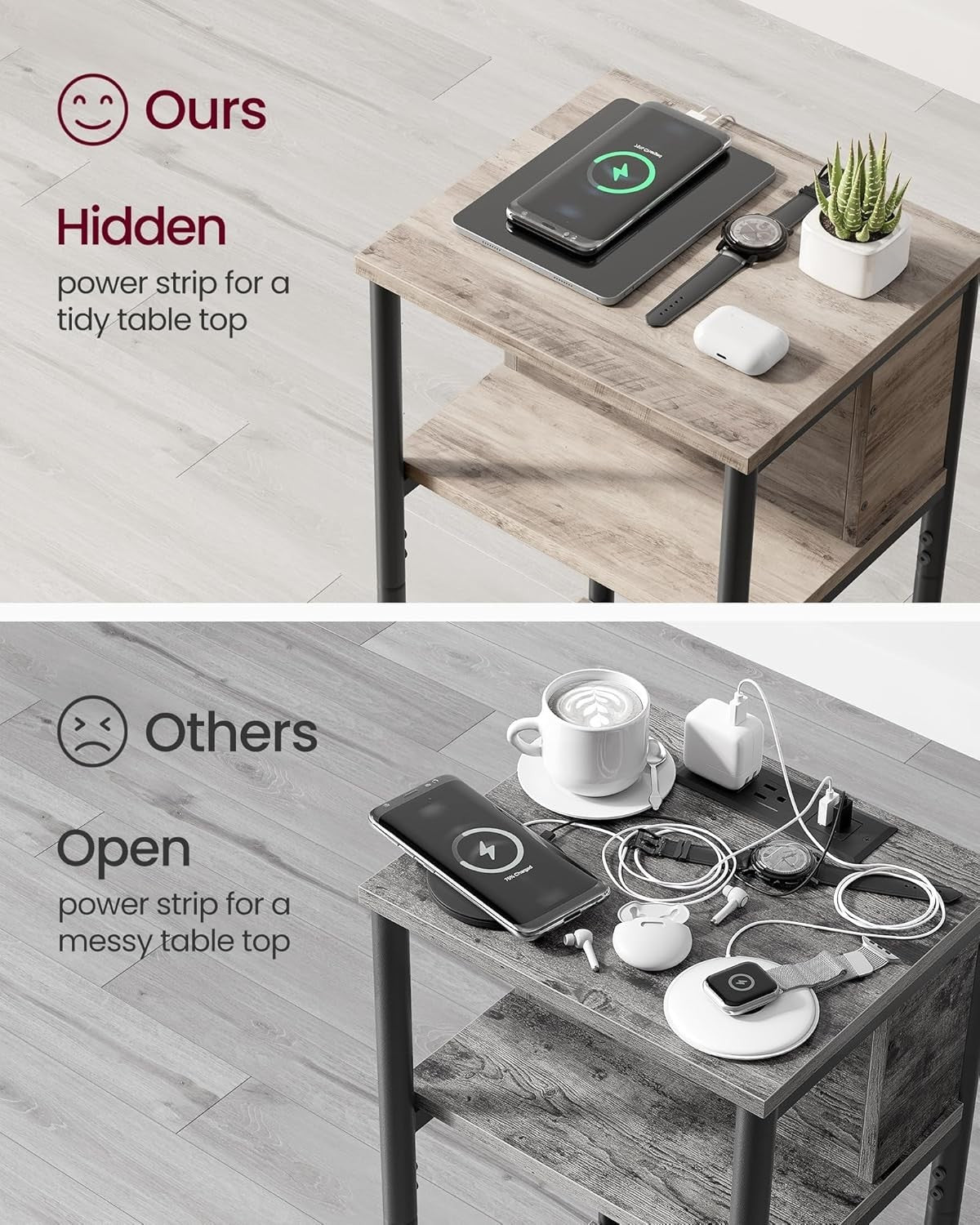 Narrow Side Table with USB & AC Charging Ports, 3-Tier 30x34x58cm Table