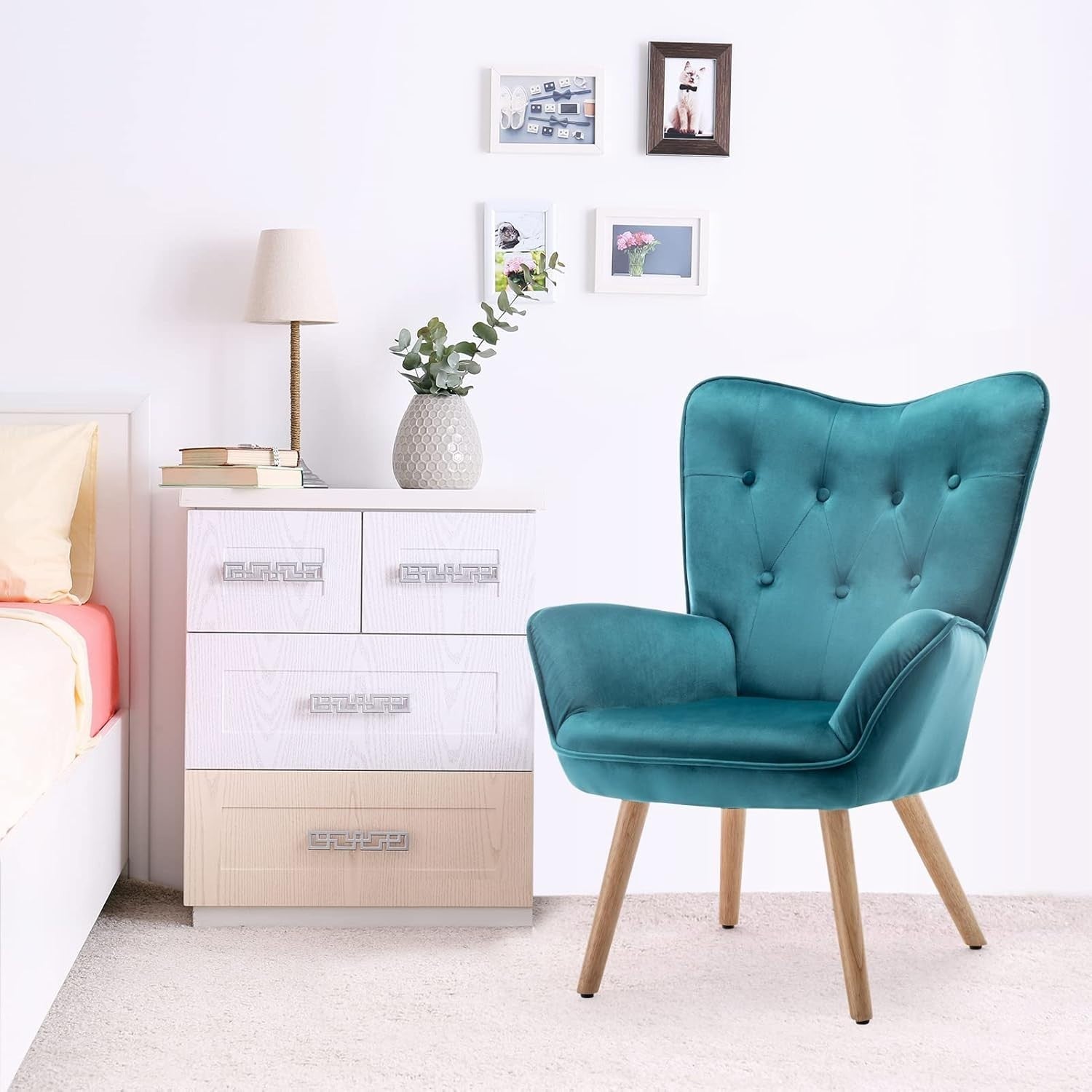 Teal Velvet Armchair with Footstool, Comfy Reading Lounge Chair Set