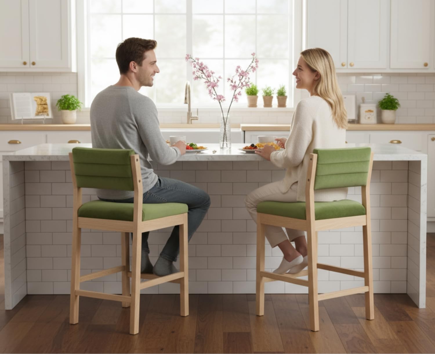 Retro Green Velvet Bar Stools Set of 2 – Wooden Leg Counter Chairs