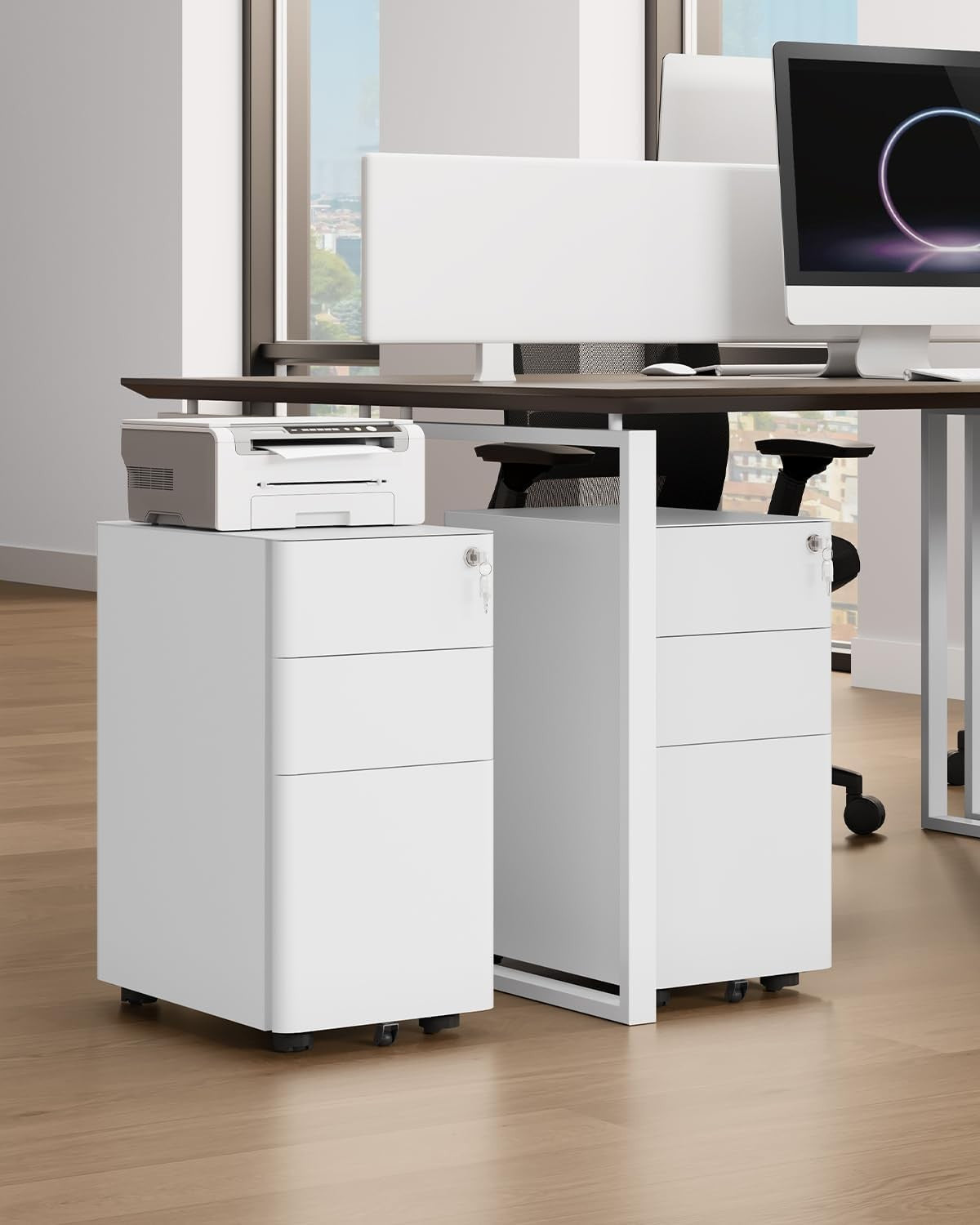 White 3 Drawer Metal File Cabinet 30x46x59cm Mobile Lockable