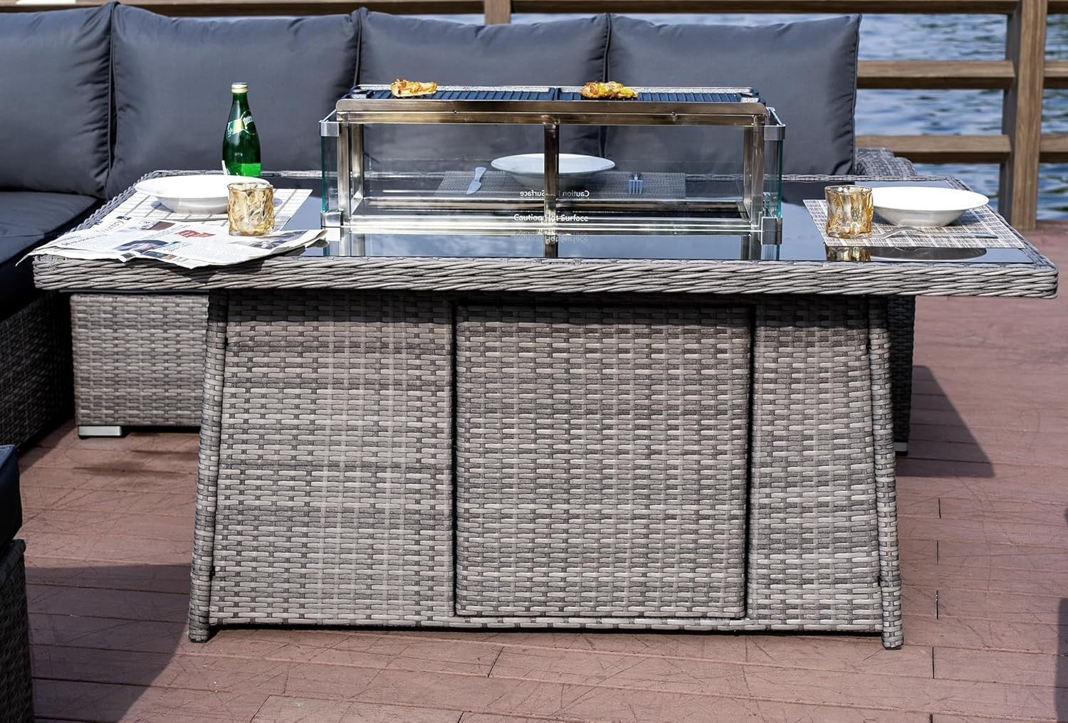 9 Seater Outdoor Rattan Garden Sofa Set with Fire Table & Rain Cover Dark Grey