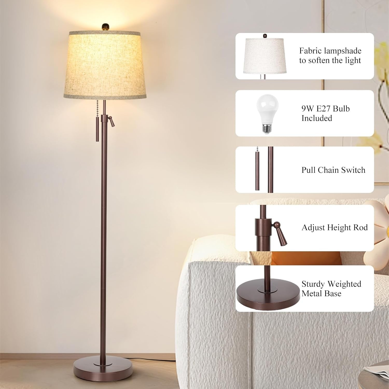Adjustable Floor Lamp Brown Height Adjustable 3 Colour LED Standing Light
