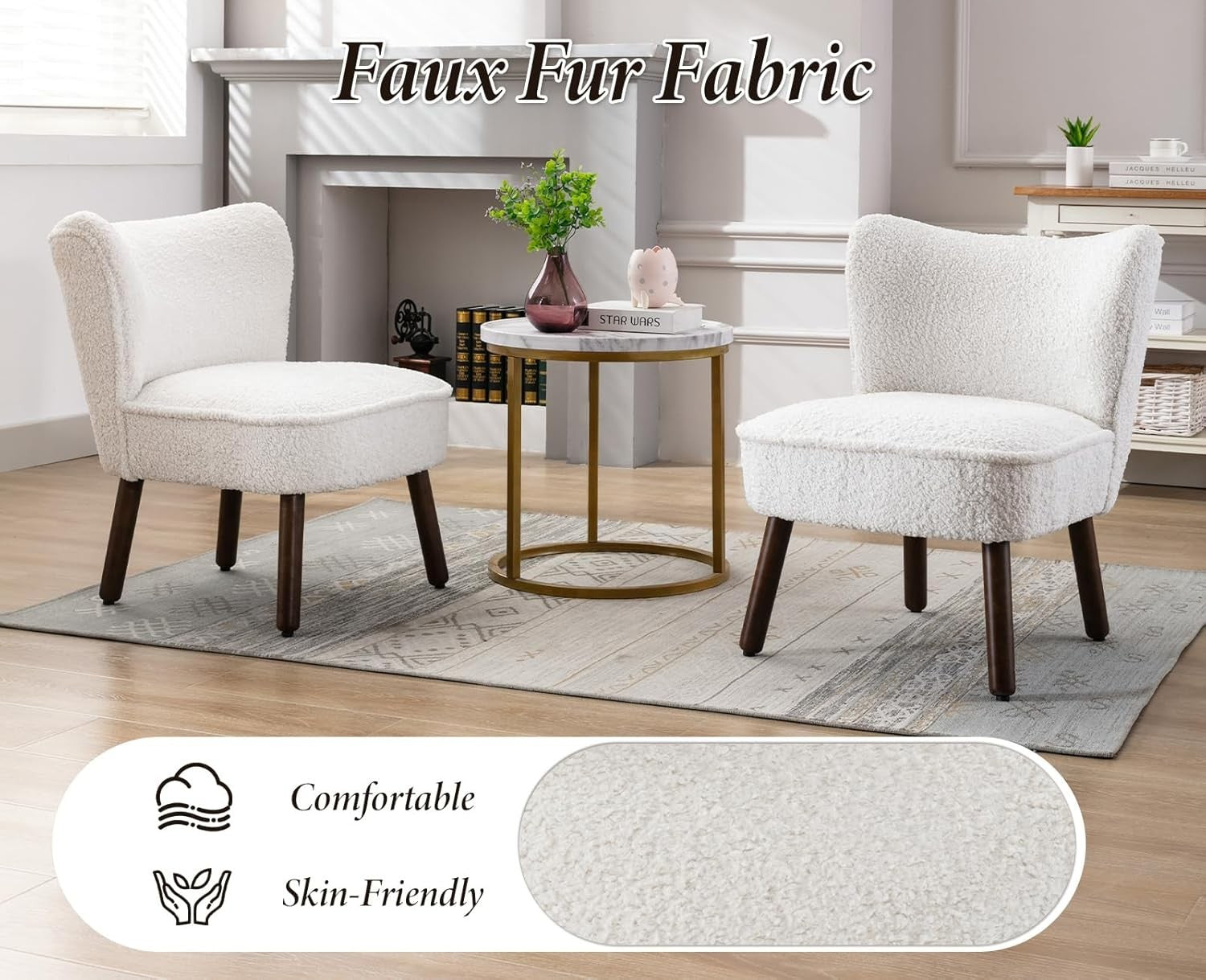 Faux Fur Tub Chair Armless Accent Sofa White Wood Legs Lounge