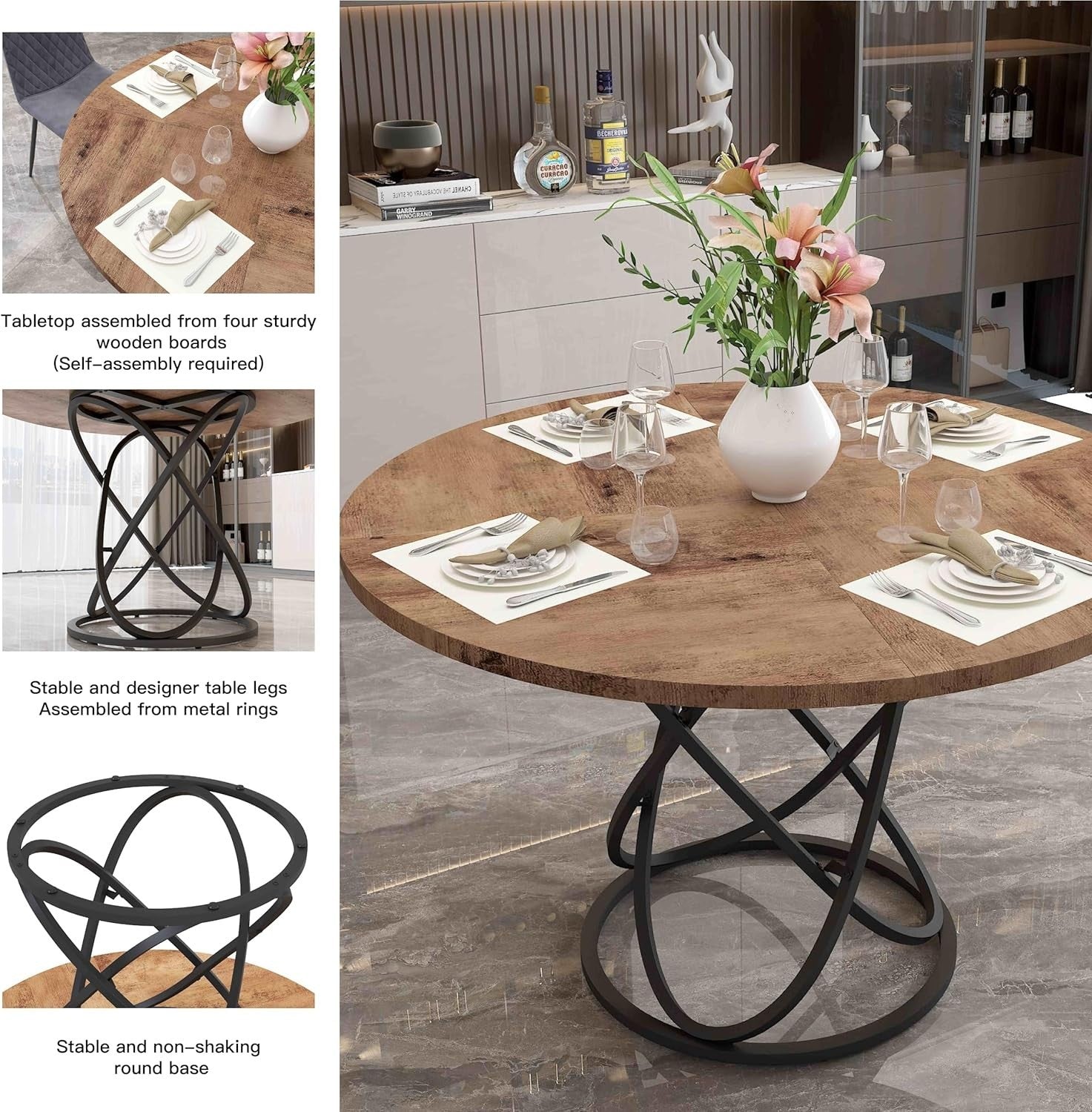 Round Rustic Dining Table 6-8 Seater Wood Metal Base Kitchen 120cm