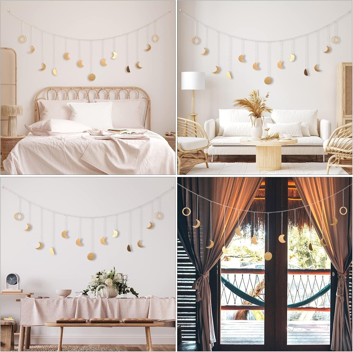 Boho Moon Phase Wall Hanging Garland LED Gold Wood Decor
