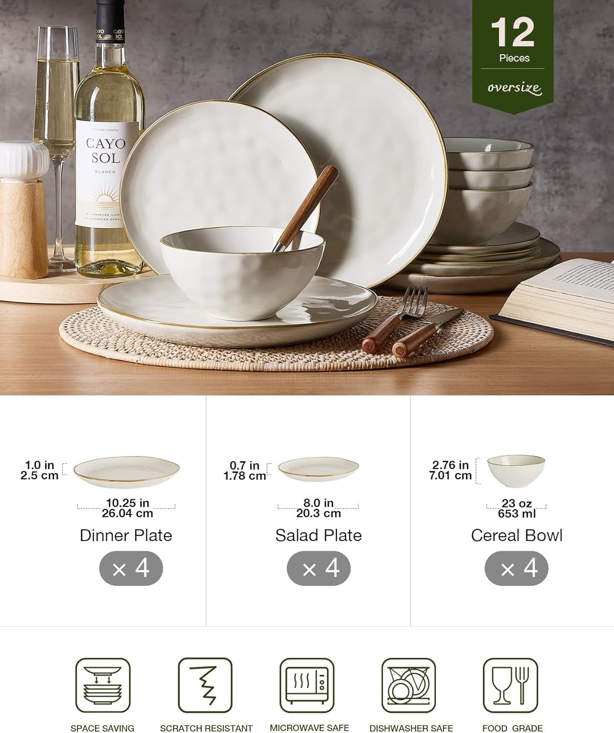 12pc Stoneware Dinnerware Set Plates Bowls Beige Service for 4