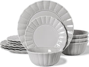 12 Piece Porcelain Dinner Set Grey Plates Bowls Microwave Dishwasher Safe
