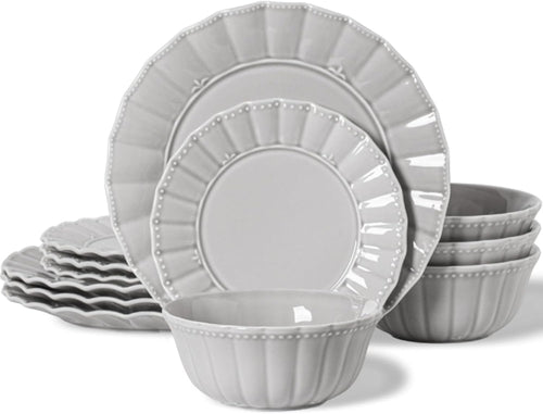12 Piece Porcelain Dinner Set Grey Plates Bowls Microwave Dishwasher Safe