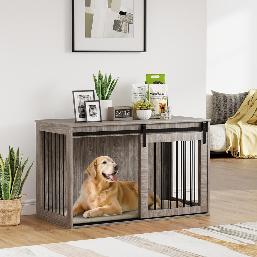 Heavy Duty Extra Large Dog Crate Furniture with Sliding Barn Door & Cushion
