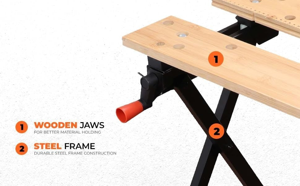 Foldable Portable Workbench with Clamp System Steel Frame Bamboo Top WM301
