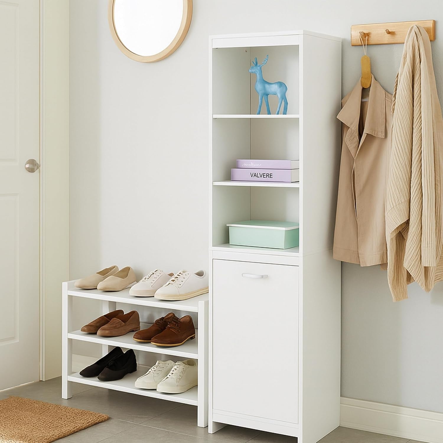Tall Laundry Cabinet with Fold Out Hamper White Bathroom Storage Unit