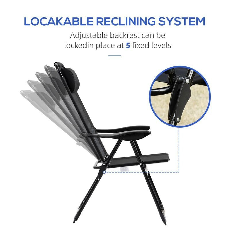 Set of 2 Folding Recliner Patio Chairs Adjustable Mesh Outdoor Loungers Black