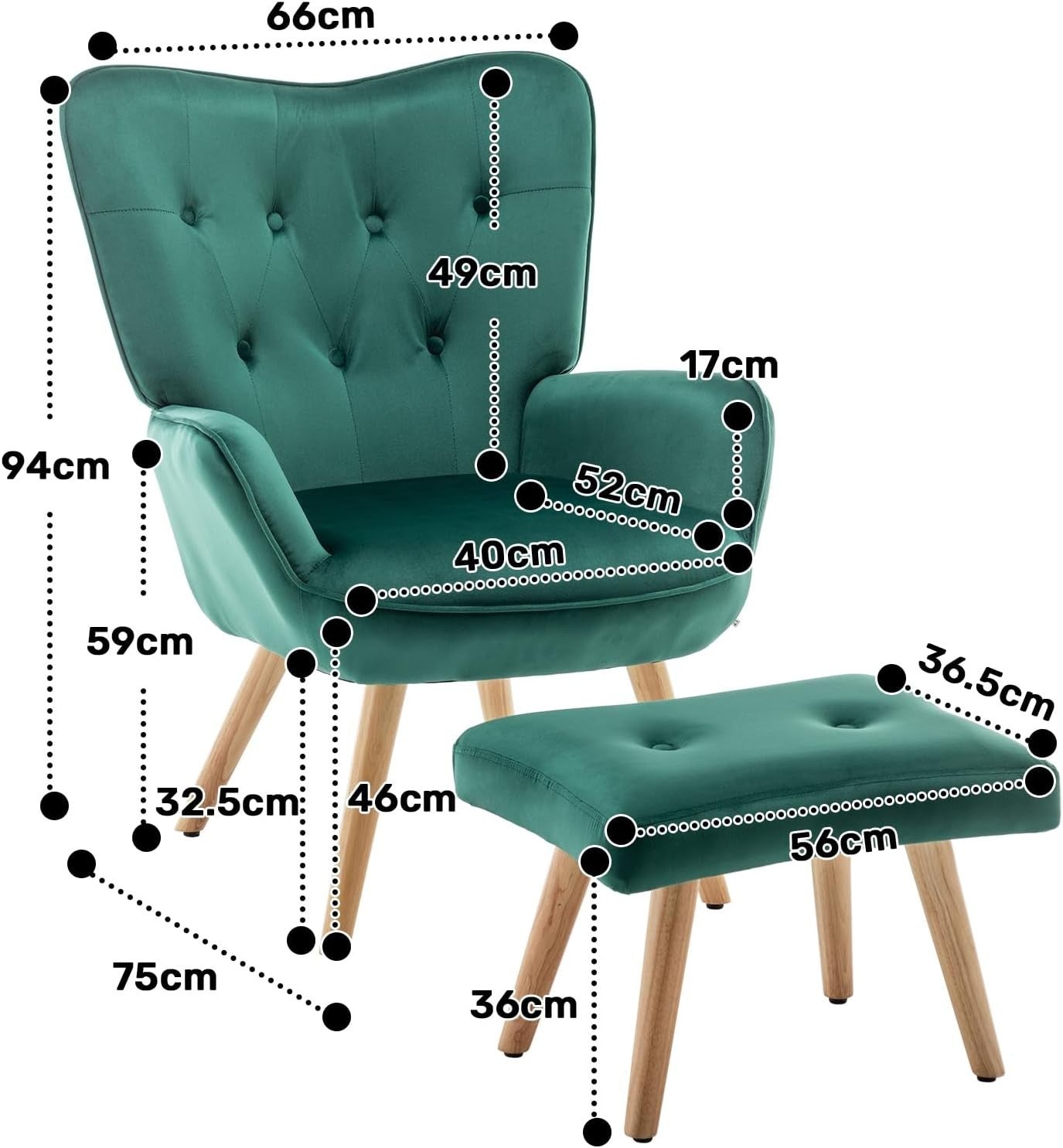 Green Velvet Armchair with Footstool, Comfy Reading Lounge Chair Set