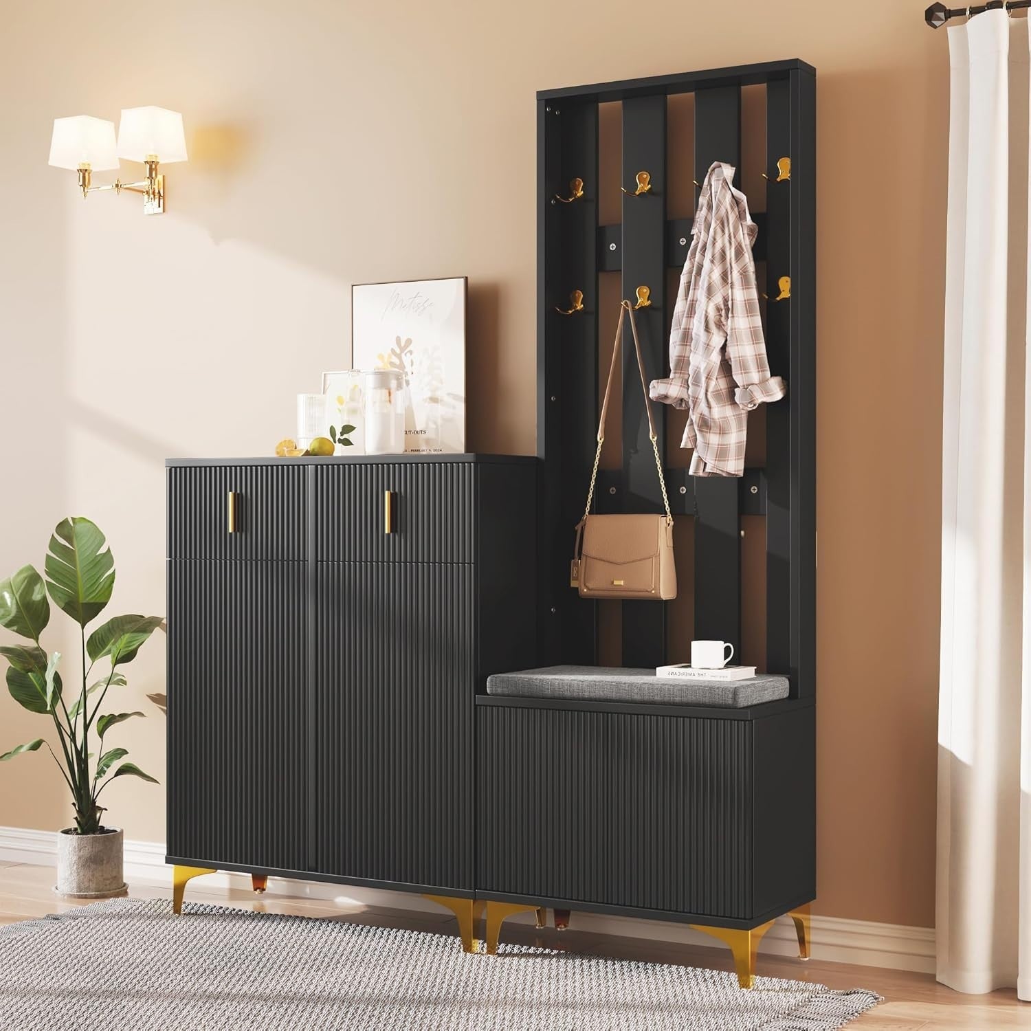 Modern Hallway Coat Rack & Shoe Storage Bench with Cushioned Seat – Black