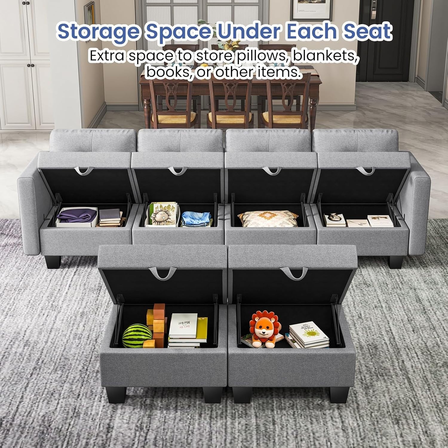 6 Seater Grey Sofa Bed L-Shaped Modular w/Storage Ottoman for Living Room