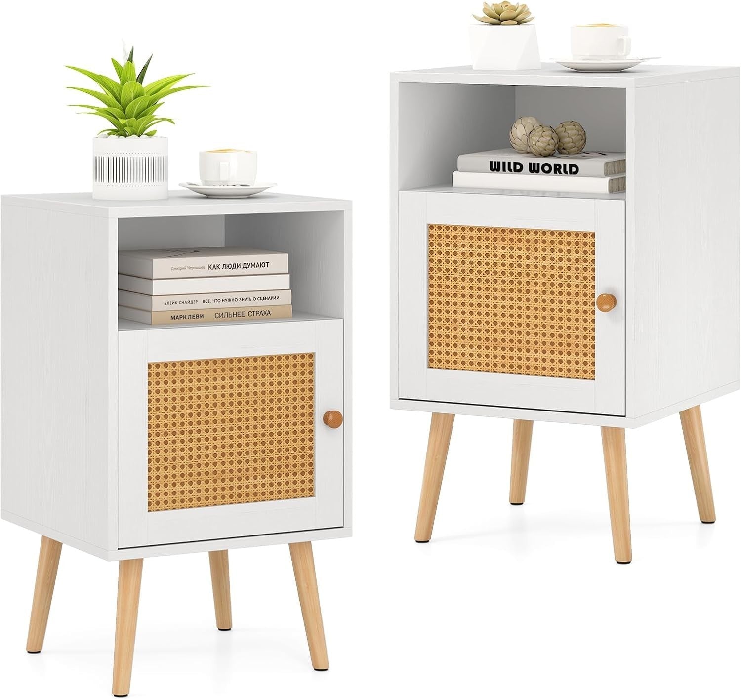 Set of 2 White & Natural Bedside Tables with Rattan Door | Modern Nightstands