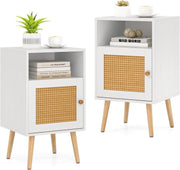 Set of 2 White & Natural Bedside Tables with Rattan Door | Modern Nightstands
