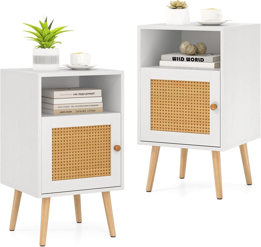 Set of 2 White & Natural Bedside Tables with Rattan Door | Modern Nightstands