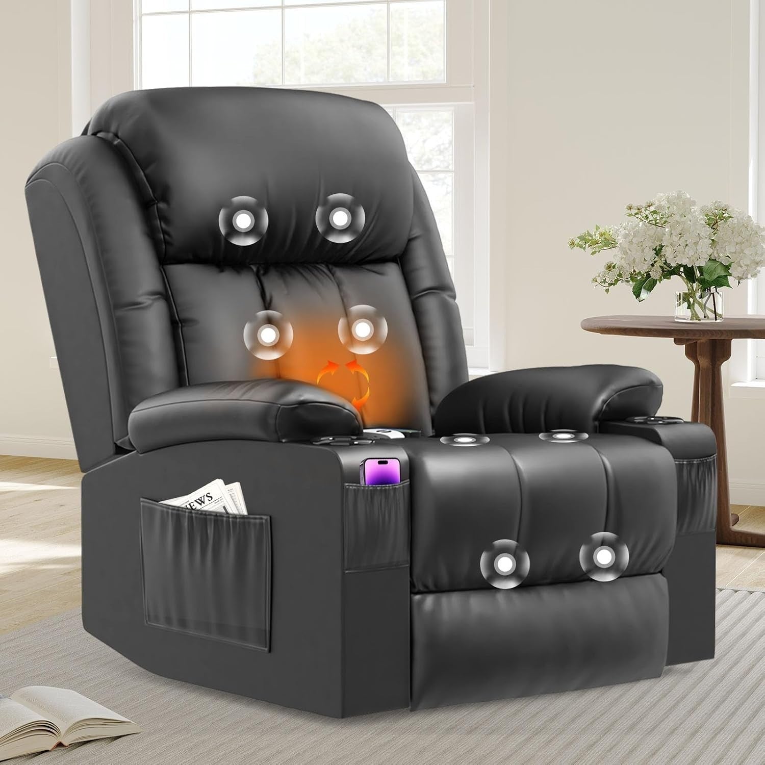 Power Lift Recliner Chair Massage Heat USB Ports Cup Holders Fabric Black