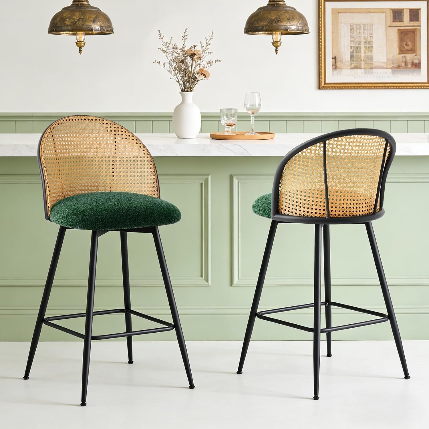 Set of 4 Swivel Bar Stools Rattan Back Upholstered Counter Height Kitchen Seats