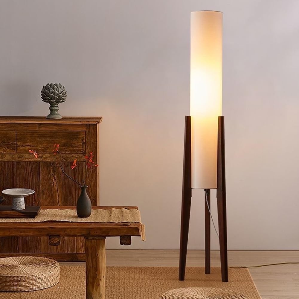 Wabi Sabi Wooden Tripod Floor Lamp Linen Shade Dimmable 50 Inch Tall Light