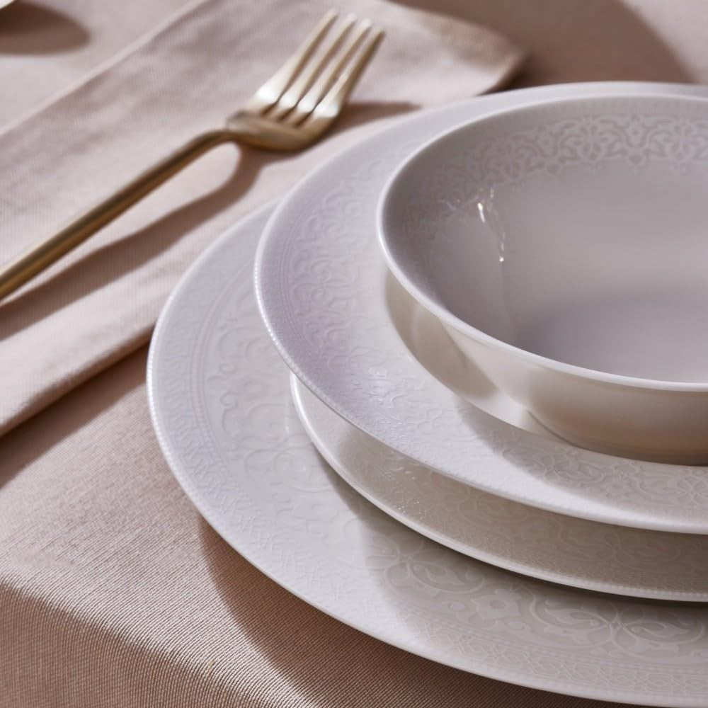 24pc Bone China Dinner Set White Plates Bowls Modern Tableware for 6