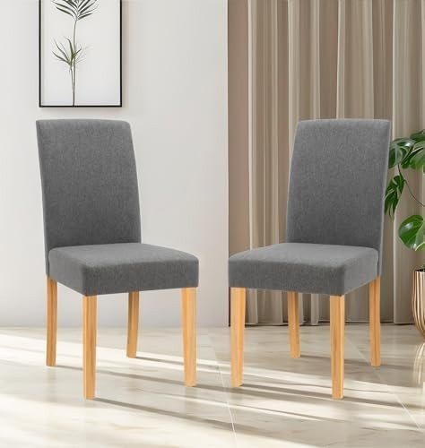 Modern Grey Fabric Dining Chairs Set of 2 with Solid Wooden Legs Kitchen Seats
