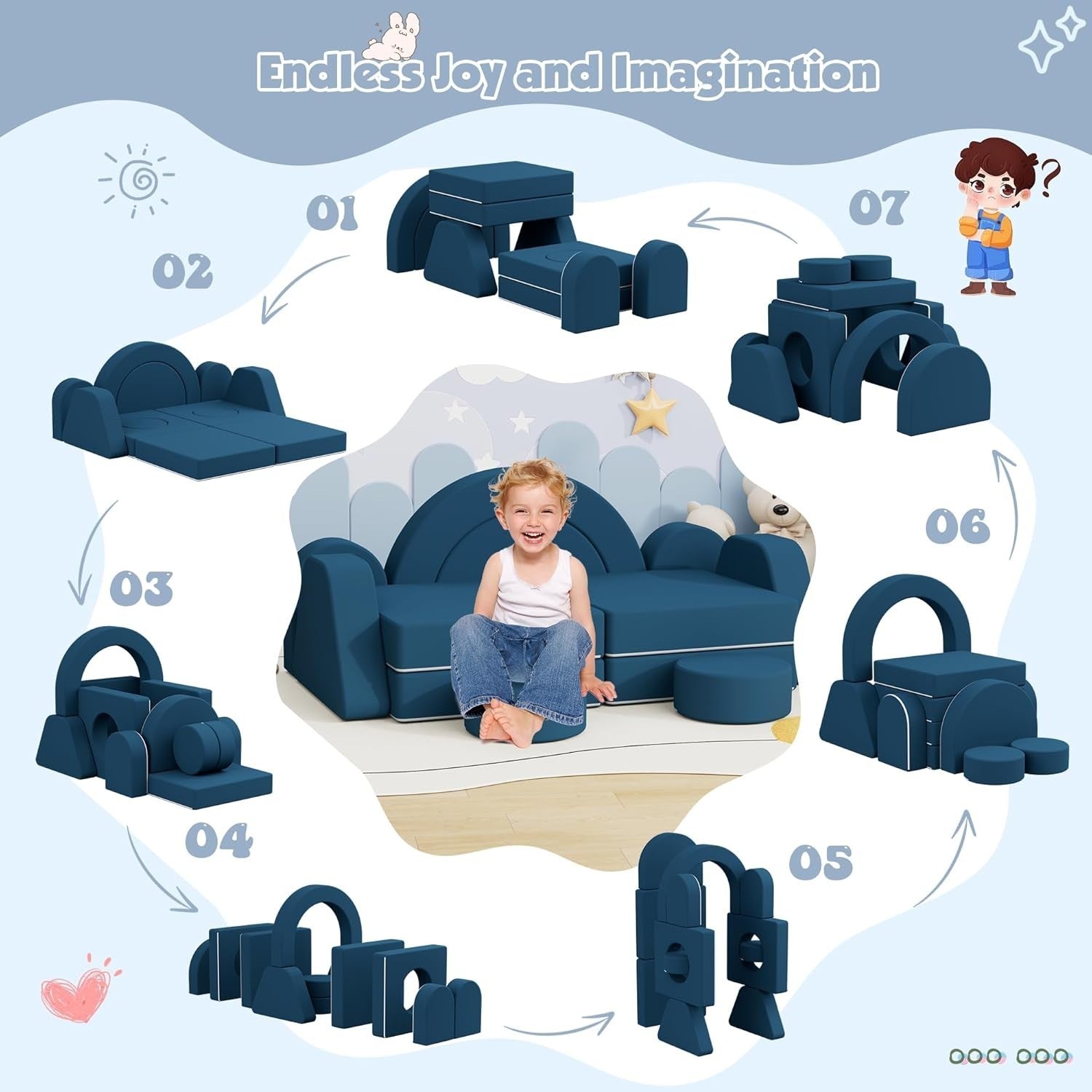 Modular Kids Play Couch Sofa Bed Foam Fort for Creative Play Blue