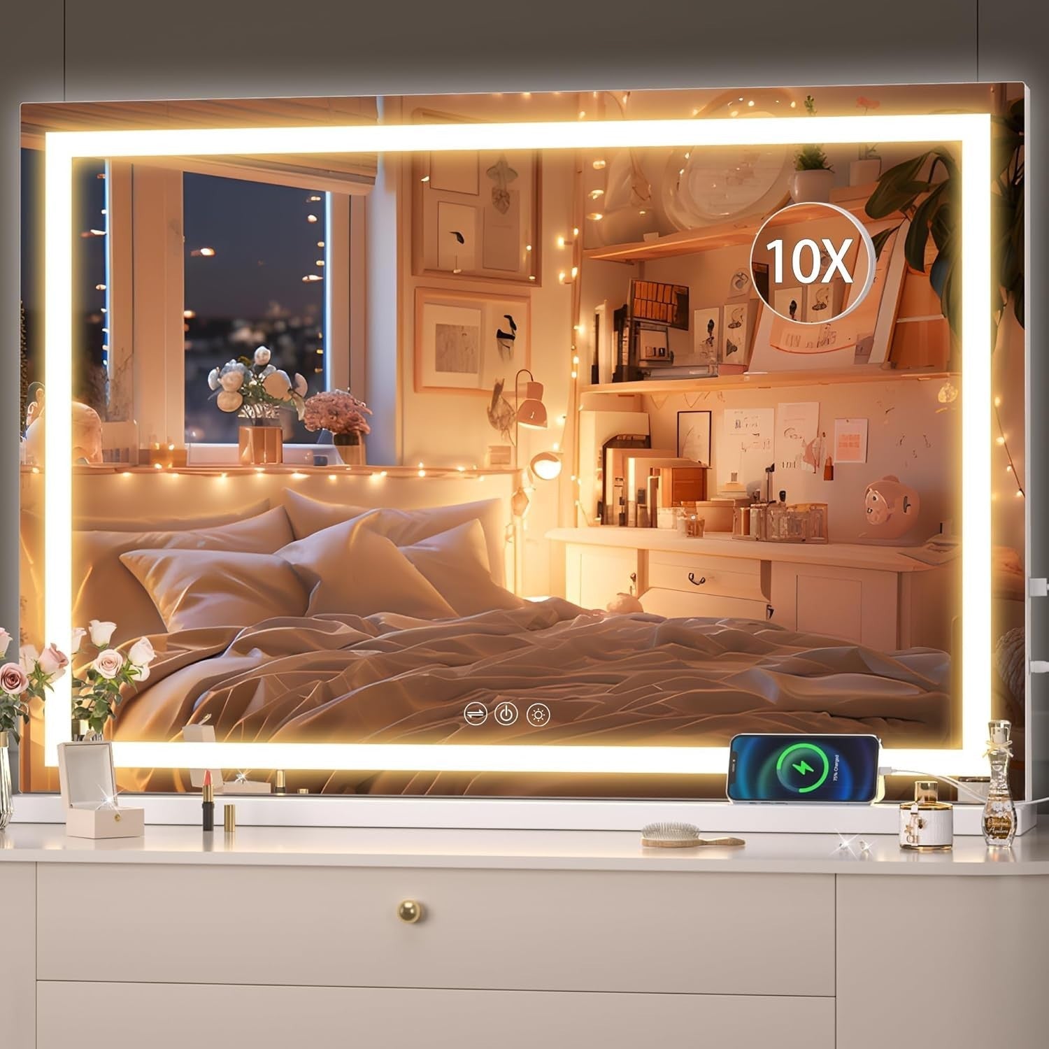 LED Vanity Mirror 95x65cm | Wall/Tabletop, 3 Light Modes, Touch Dimming