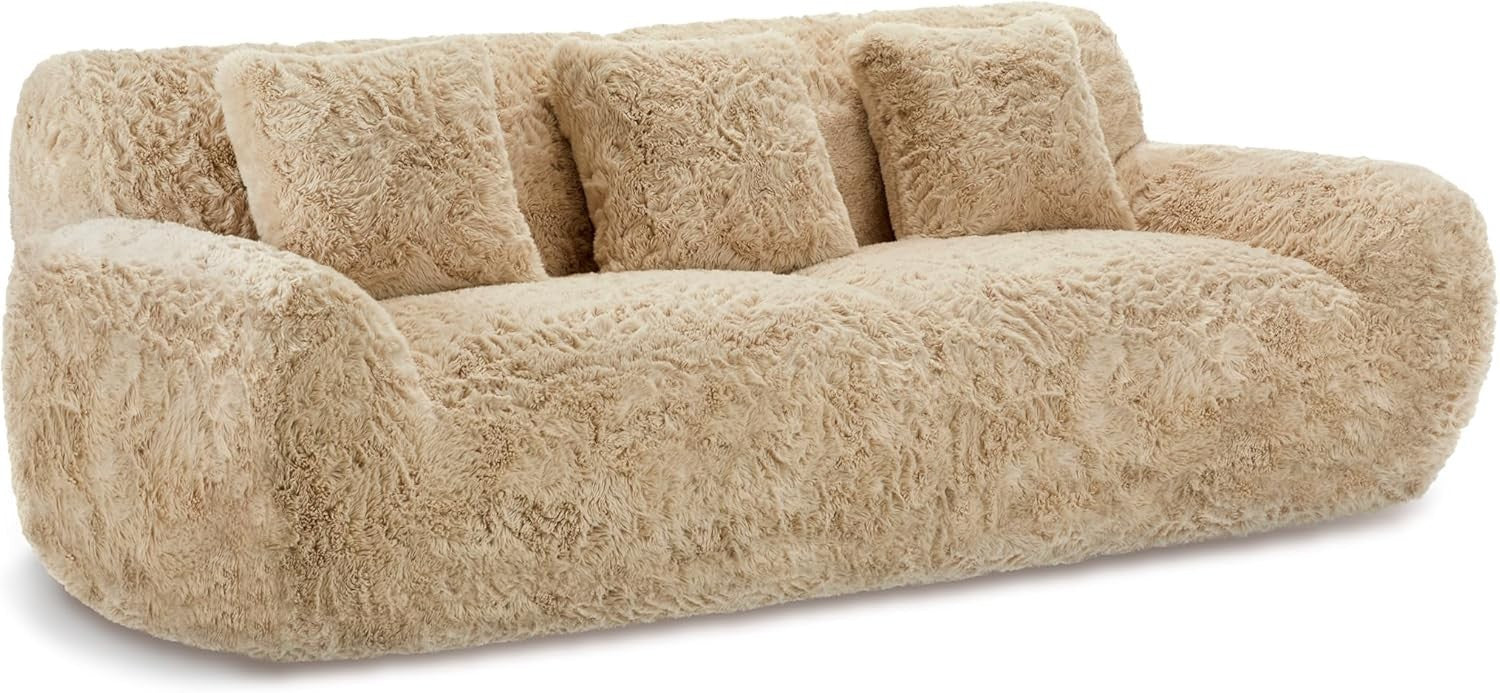 Luxury Faux Fur 3 Seater Sofa Fluffy Cloud Couch Nordic Modern Beige