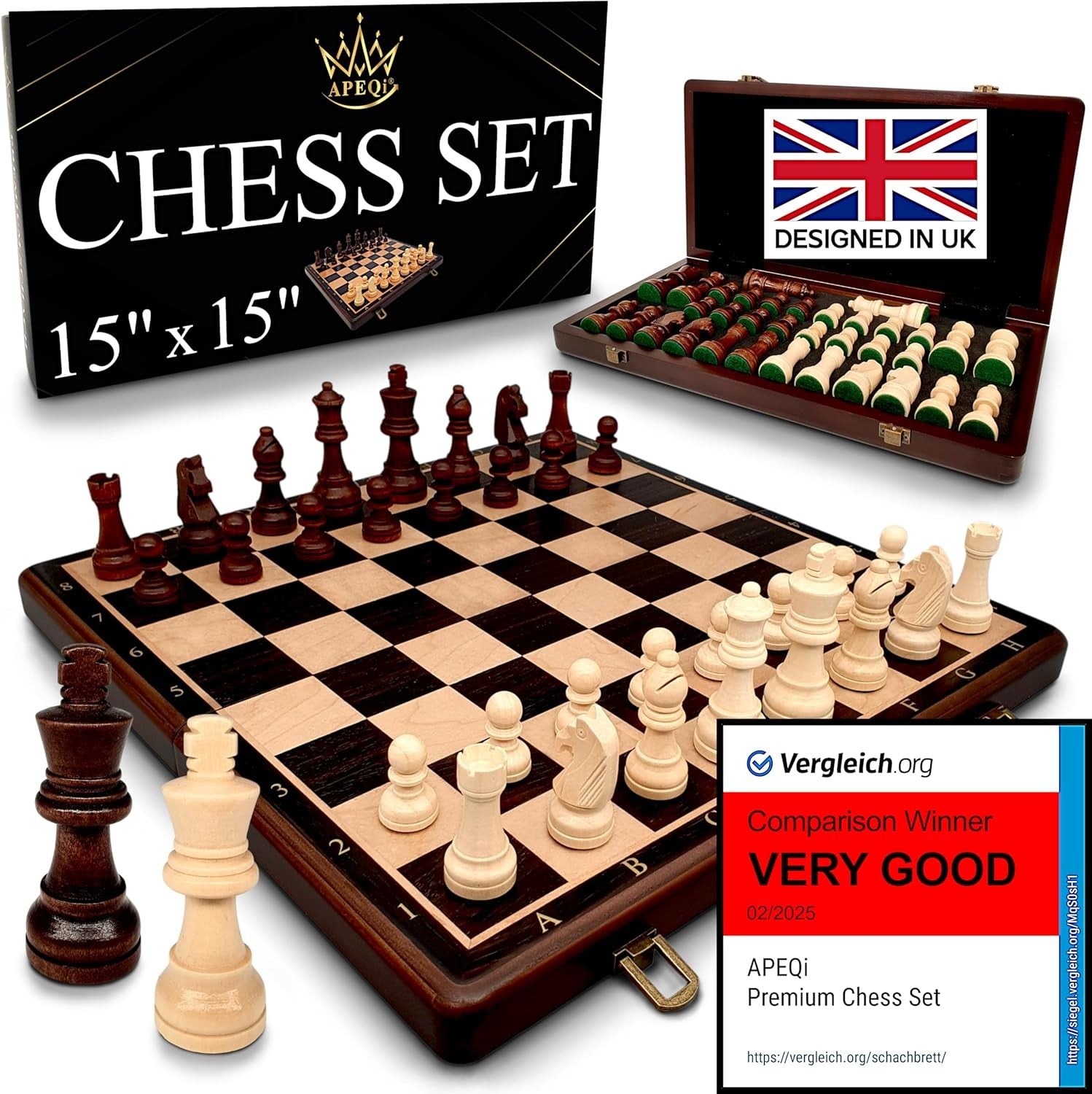 15" Magnetic Wooden Chess Set Luxury 38cm Folding Board + Extra Queens
