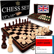 15" Magnetic Wooden Chess Set Luxury 38cm Folding Board + Extra Queens