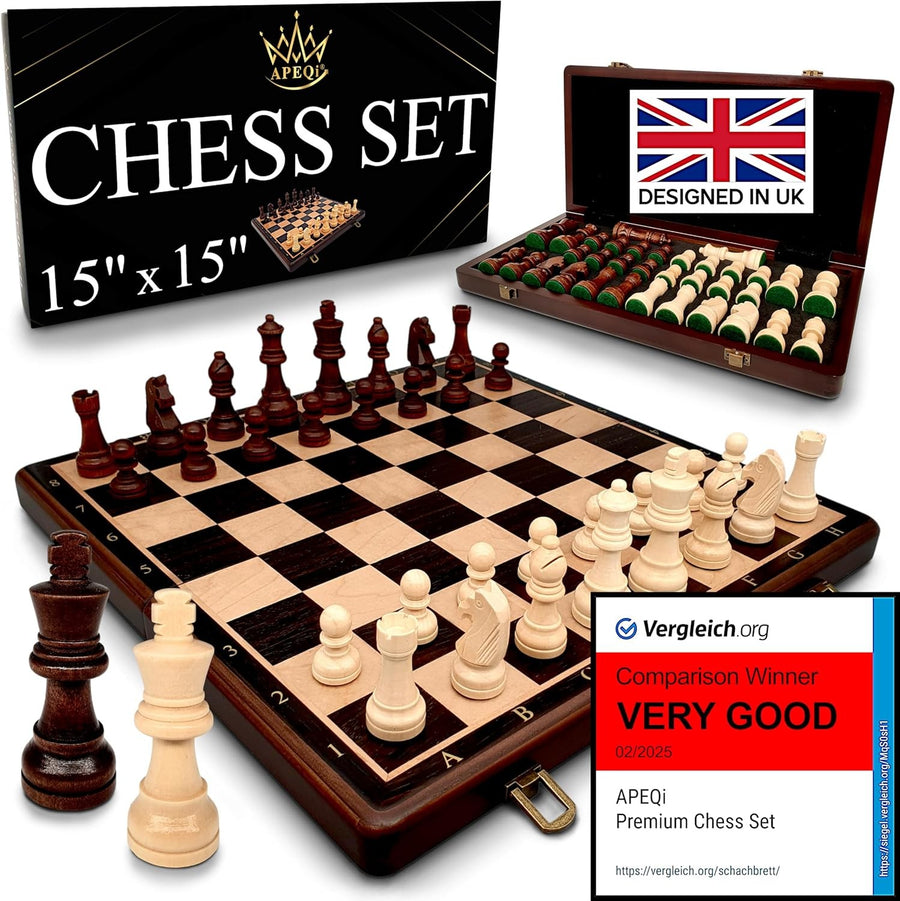 15" Magnetic Wooden Chess Set Luxury 38cm Folding Board + Extra Queens
