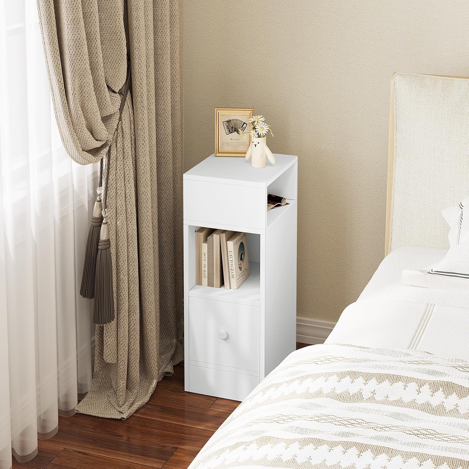 Set of 2 Slim White Bedside Tables with Drawer & Open Shelves 25x30x66cm