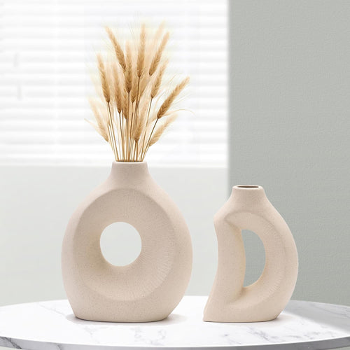 Ceramic Vase Set of 2 Minimalist Hollow White Pampas Flower Vases Decor
