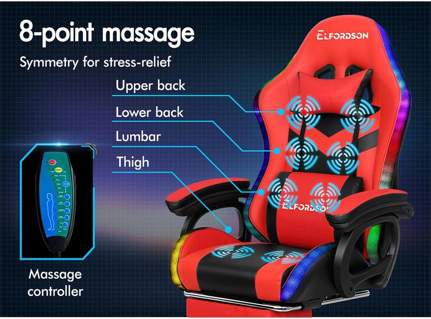 Gaming Chair Red PC Computer Racing Seat LED RGB Light $180$kg Recliner Massage