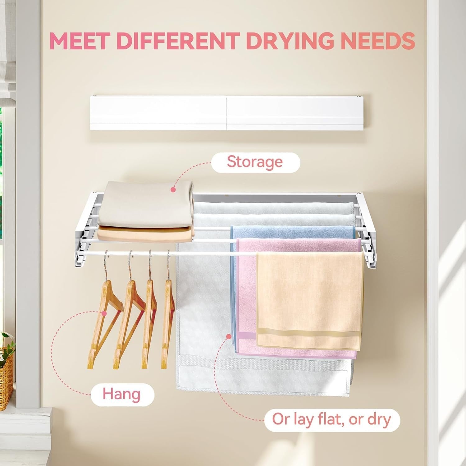 80cm Wall Mounted Retractable Clothes Drying Rack Foldable Airer White