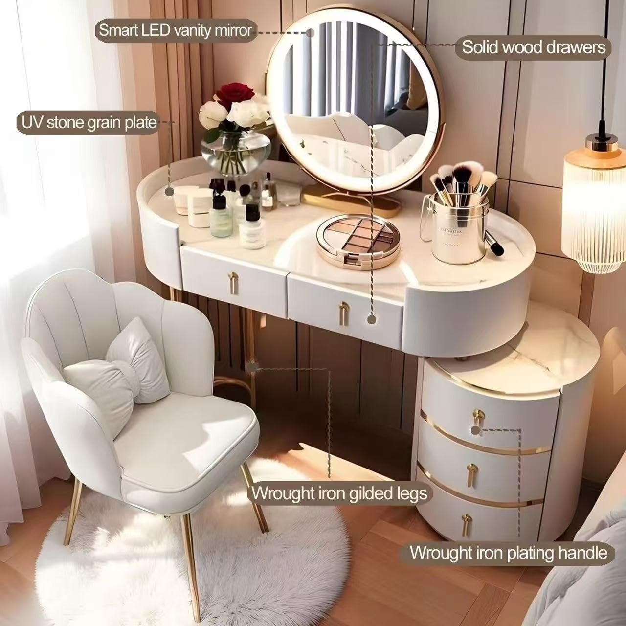 Modern White Vanity Dressing Table Set w/LED Mirror, Storage, 5 Drawers & Stool